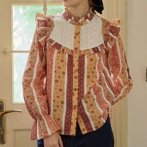 Simple Retro Wren Stand Collar Floral Patchwork Top Size Large Poet Sleeves‎
